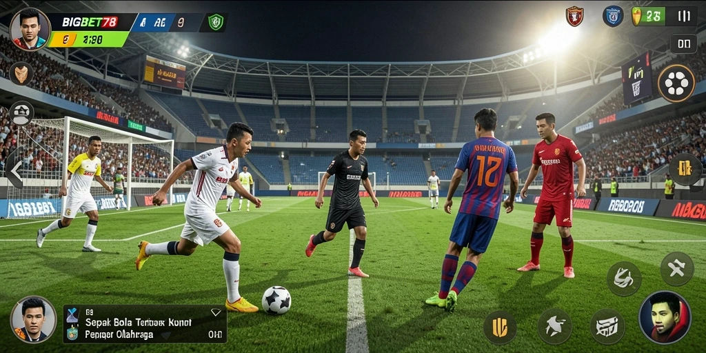 Screenshot gameplay BIGBET78 menampilkan aksi sepak bola yang mendebarkan.