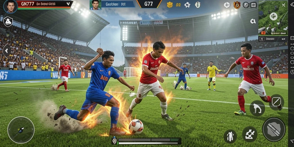 Screenshot gameplay GN777 menampilkan aksi seru di lapangan sepak bola.