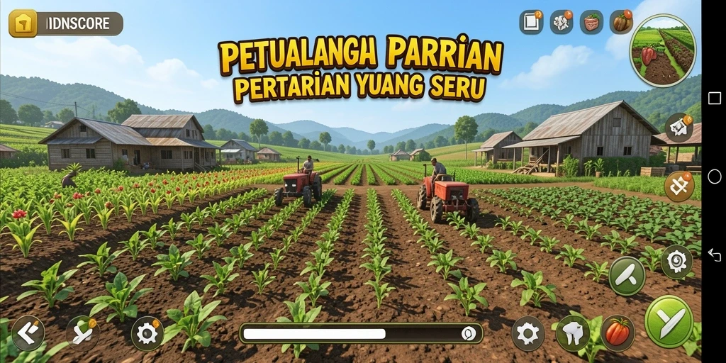 Screenshot IDNSCORE menunjukkan pemain yang sedang bertani dengan tampilan alam yang indah.