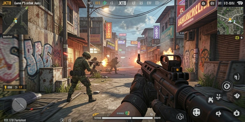 Screenshot gameplay JKT8 menunjukkan aksi tembak-menembak yang intens.