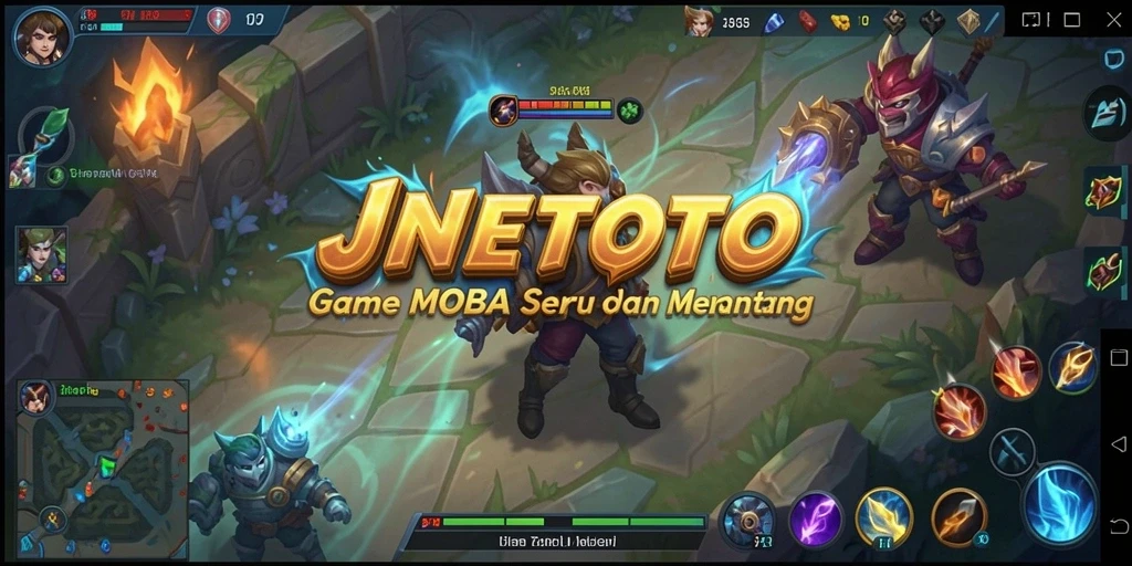 Tampilan gameplay seru dalam pertarungan tim MOBA.