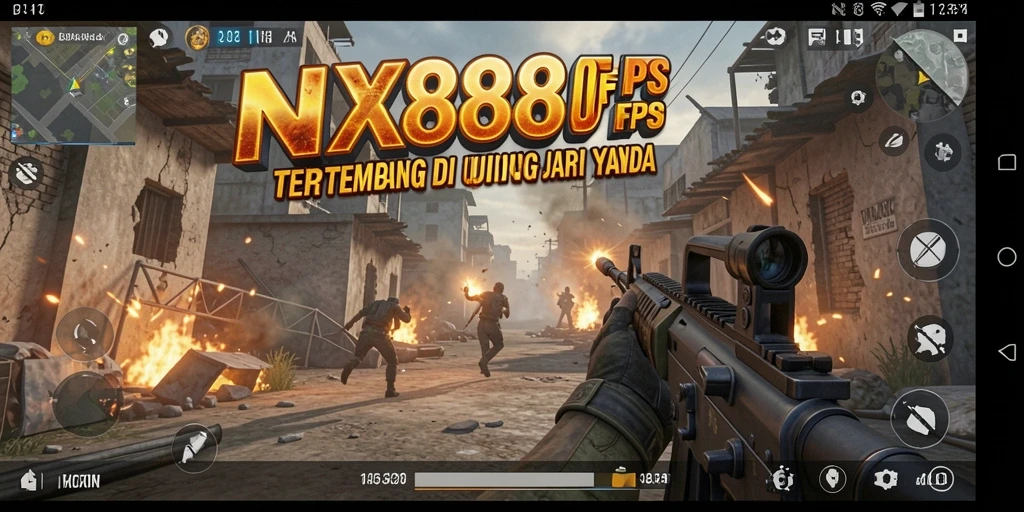 Screenshot gameplay NX888 menampilkan aksi pertempuran FPS yang mendebarkan.