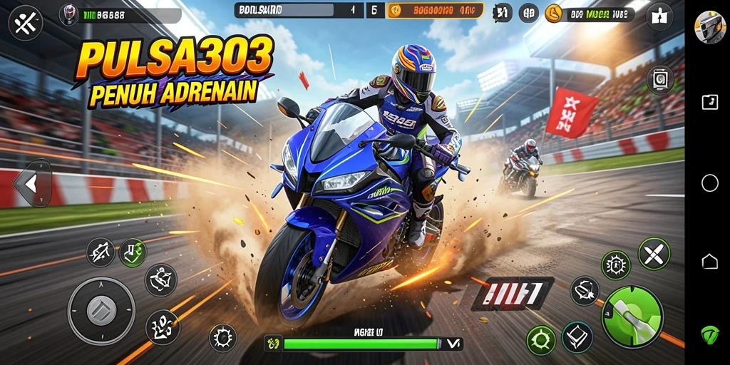 Screenshot utama PULSA303 menampilkan aksi balapan motor yang seru.