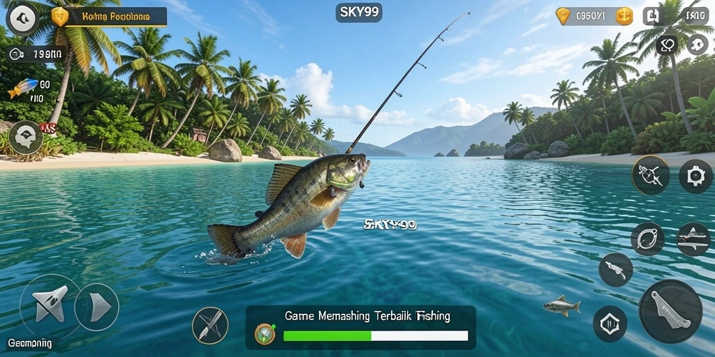 Tampilan gameplay <strong>SKY99</strong> yang seru saat menangkap ikan di danau.
