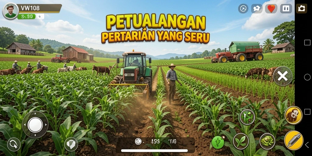 Gameplay menarik dalam VW108 yang menampilkan kebun yang subur dan hewan ternak.